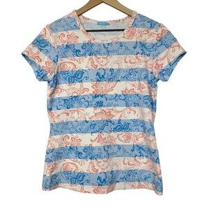 J. McLaughlin blue and coral pink striped print Catalina Cloth blouse S